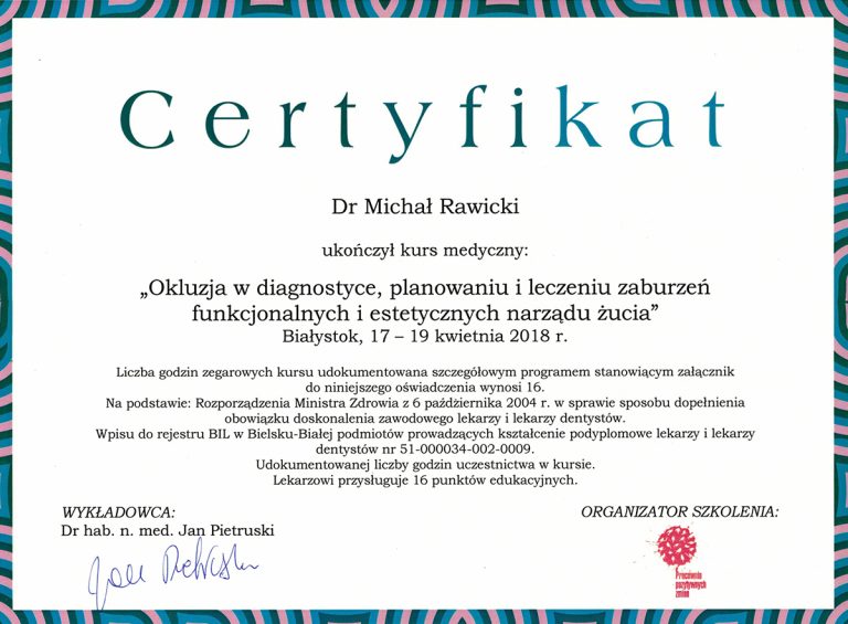 Certyfikat / dyplom dr. Michała Rawickiego – dokument 37