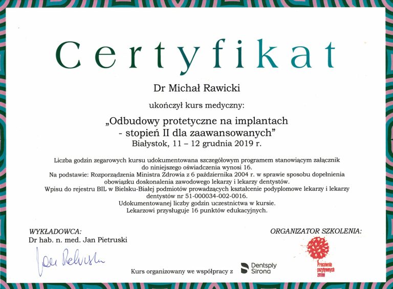 Certyfikat / dyplom dr. Michała Rawickiego – dokument 38